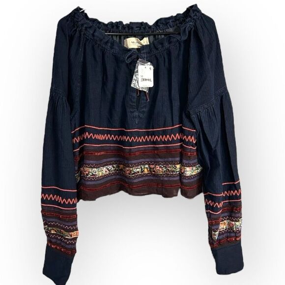 We the Free People Katie Denim Top Embroidered Peasant Tie Velvet & Mesh Trim M - Picture 5 of 13